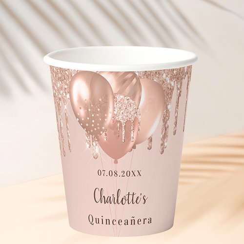 Quinceanera rose gold glitter balloons paper cups