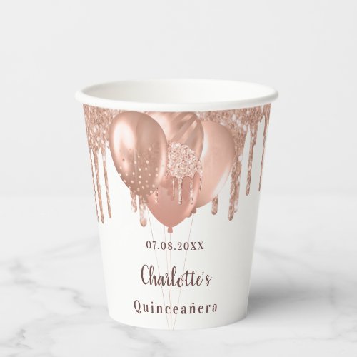 Quinceanera rose gold glitter balloons white paper cups
