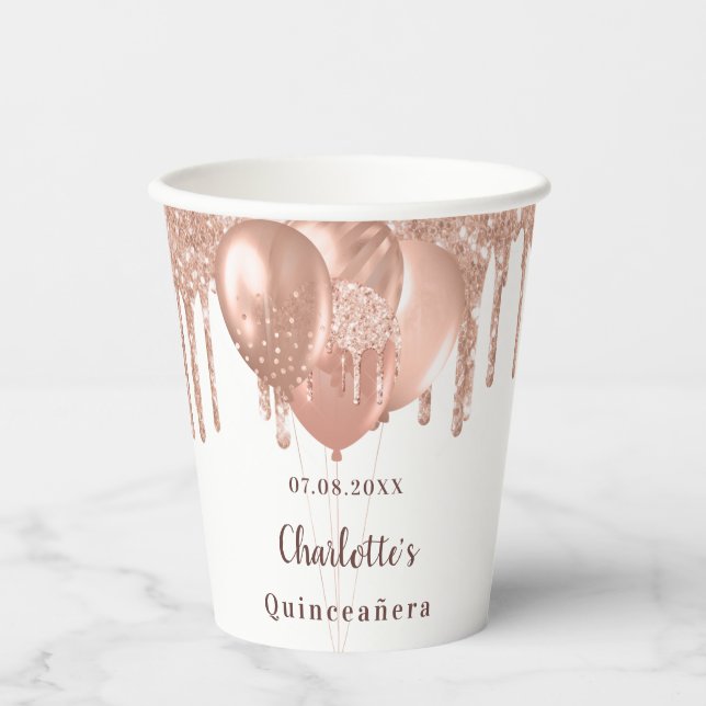 Quinceanera rose gold glitter balloons white paper cups (Front)
