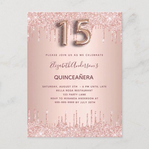 Quinceanera rose gold glitter blush invitation postcard