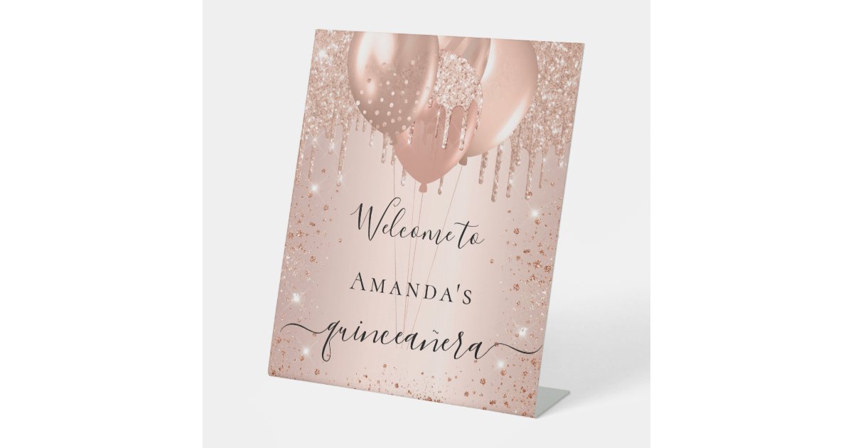 Quinceanera rose gold glitter blush party welcome pedestal sign | Zazzle