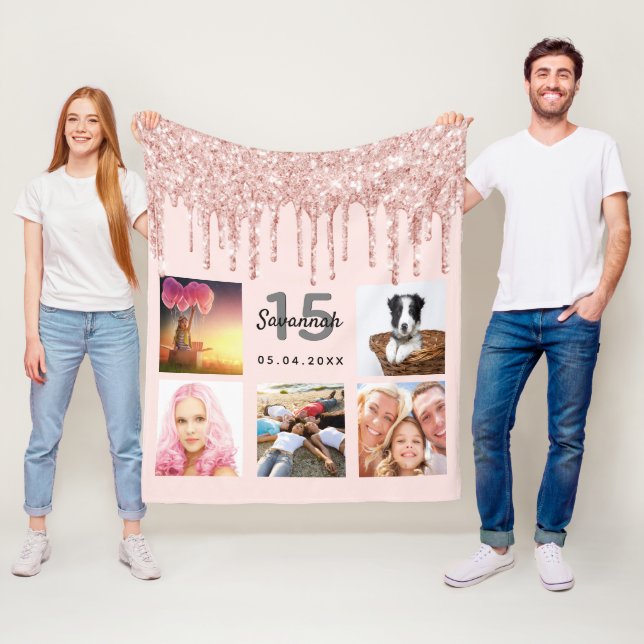 Quinceanera rose gold glitter blush pink photo fleece blanket (In Situ)