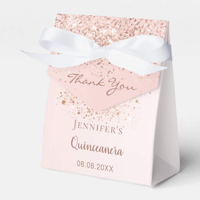 Quinceanera rose gold glitter blush pink thank you favor boxes (Front Side)
