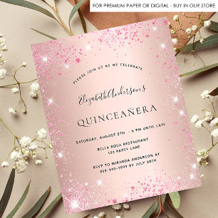 Quinceanera rose gold glitter budget invitation flyer