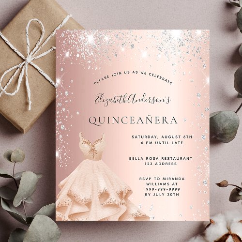 Quinceanera rose gold glitter budget invitation flyer