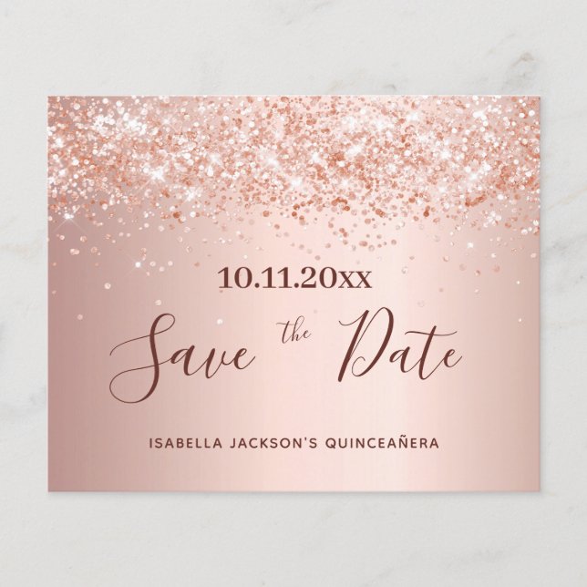 Quinceanera rose gold glitter budget Save the Date Flyer (Front)