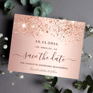 Quinceanera rose gold glitter budget Save the Date Flyer