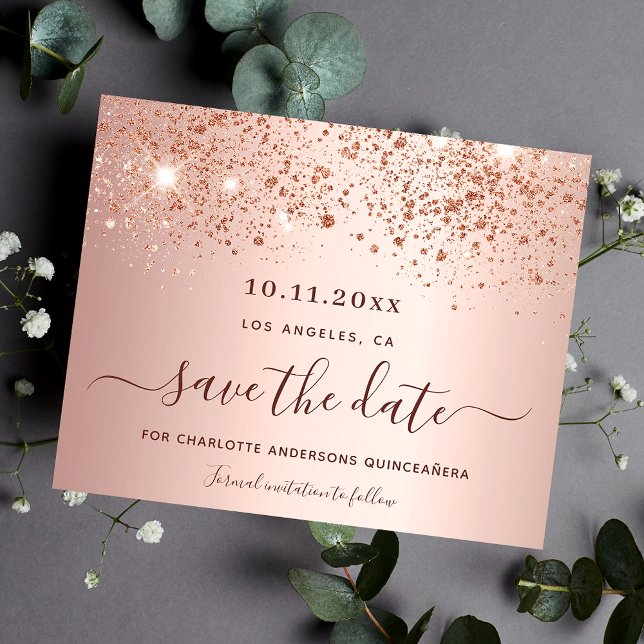 Quinceanera rose gold glitter budget Save the Date Flyer (Creator Uploaded)
