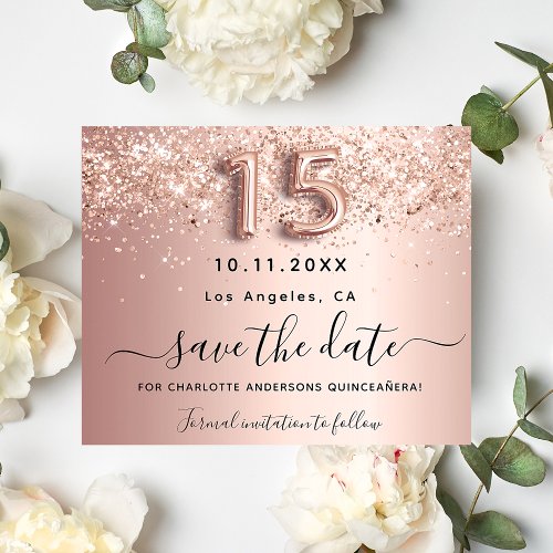 Quinceanera rose gold glitter budget save the date flyer