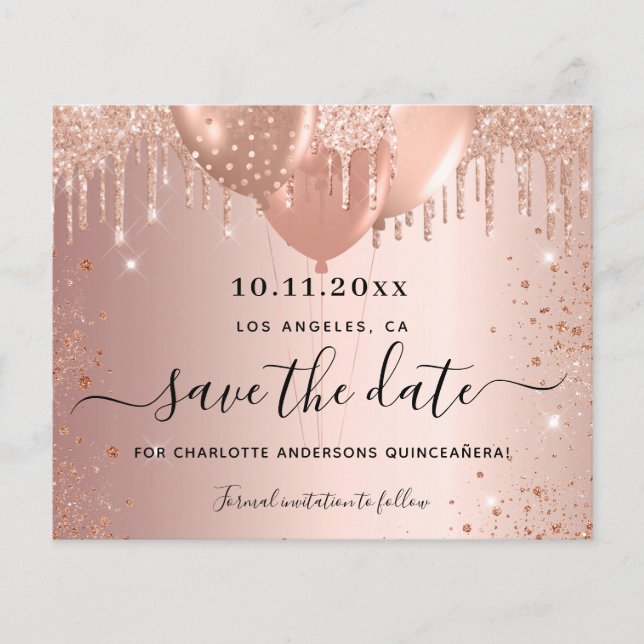 Quinceanera rose gold glitter budget save the date flyer (Front)