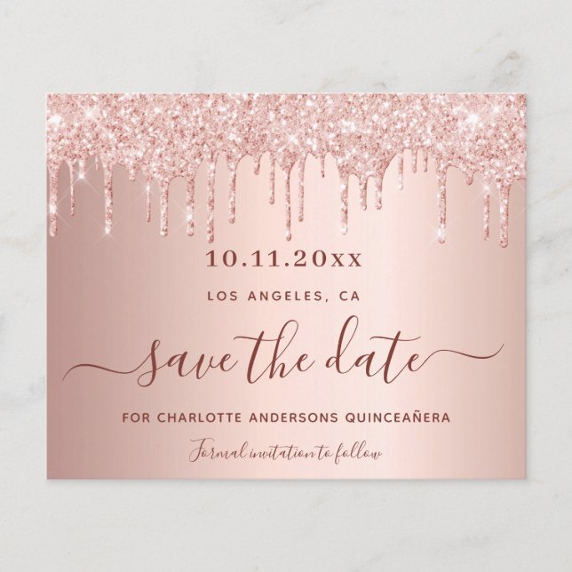 Quinceanera rose gold glitter budget Save the Date Flyer (Front)