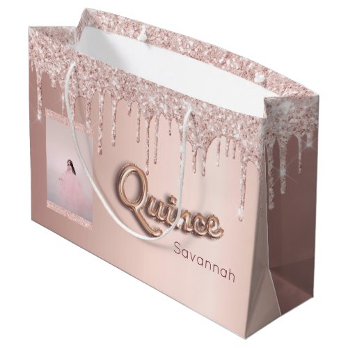 Quinceanera rose gold glitter custom photo pink large gift bag