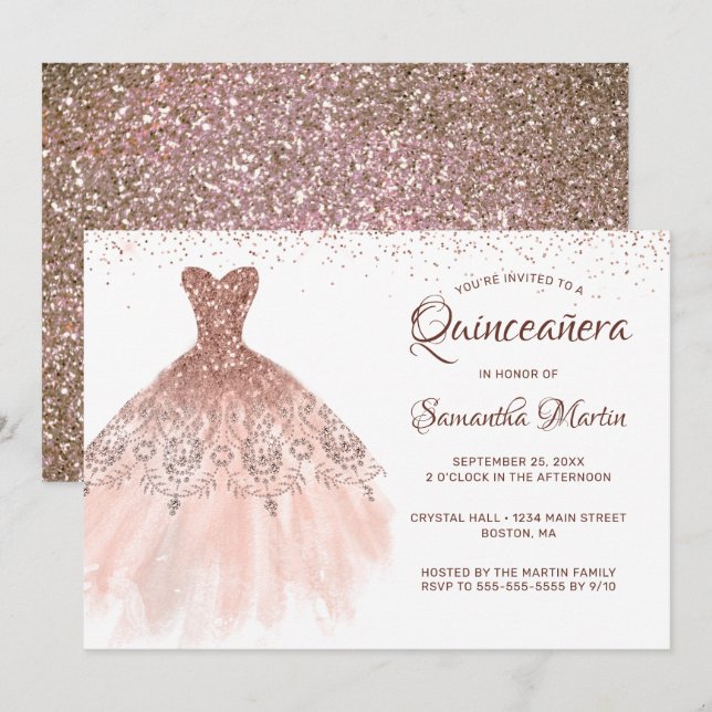 Quinceanera Rose Gold Glitter Dress Glam Party Invitation (Front/Back)