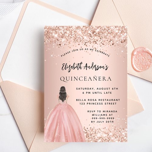 Quinceanera rose gold glitter dress invitation postcard