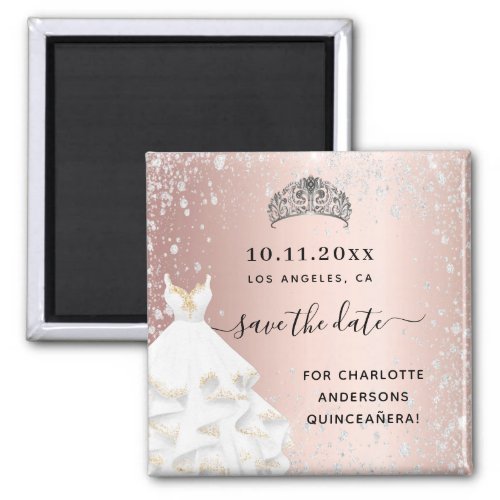 Quinceanera rose gold glitter dress save the date magnet