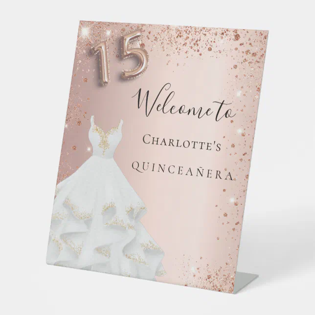 Quinceanera rose gold glitter dress welcome pedestal sign | Zazzle