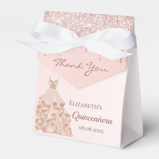 Quinceanera rose gold glitter drip dress thank you favor boxes (Front Side)