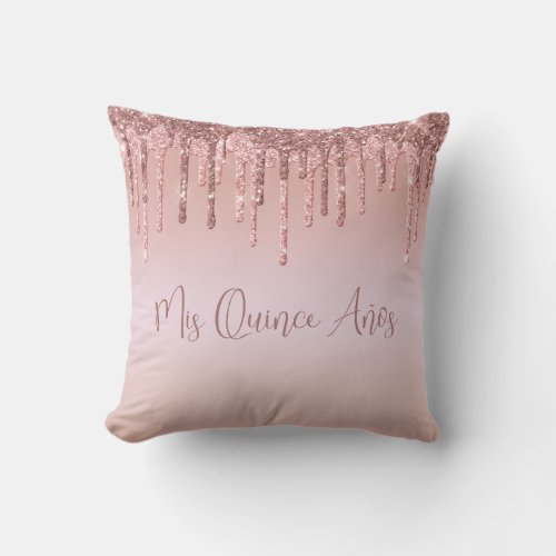 Quinceaera Rose Gold Glitter Drip Throw Pillow