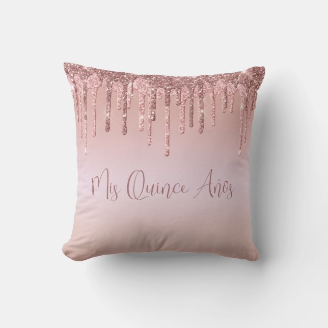 Quinceañera Rose Gold Glitter Drip Throw Pillow (Front)