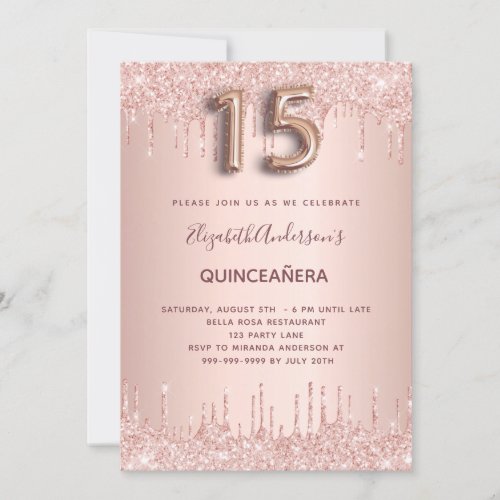 Quinceanera rose gold glitter drips blush invitation