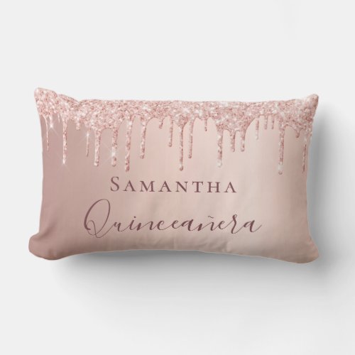 Quinceanera rose gold glitter drips monogram lumbar pillow