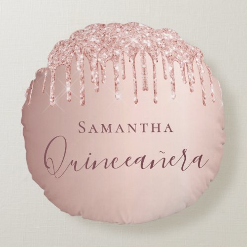 Quinceanera rose gold glitter drips monogram round pillow