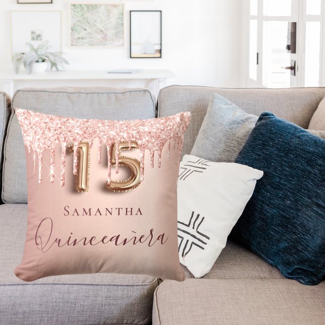 Quinceanera rose gold glitter drips monogram throw pillow (Creator Uploaded)