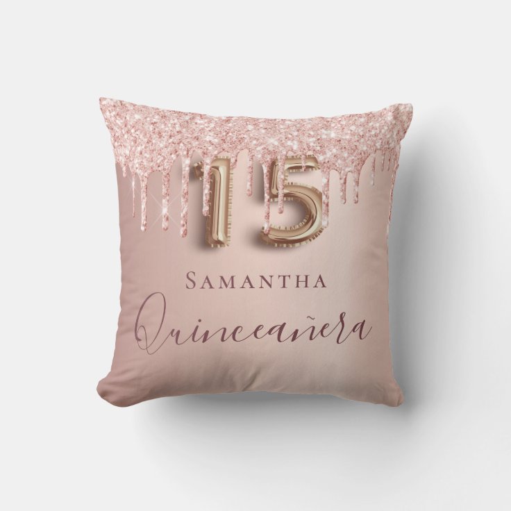 Quinceanera rose gold glitter drips monogram throw pillow | Zazzle