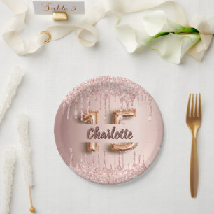 Quinceanera rose gold glitter drips name paper plates