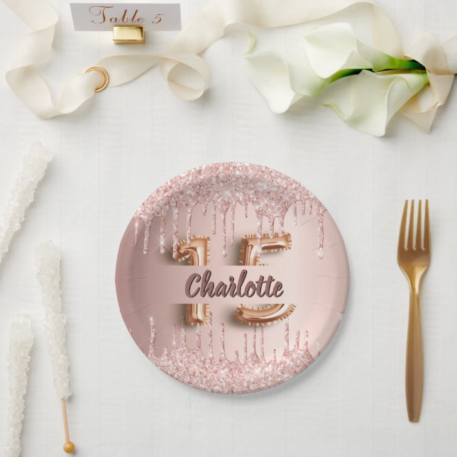Quinceanera rose gold glitter drips name paper plates (Wedding)