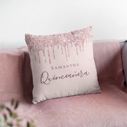 Quinceanera rose gold glitter drips name throw pillow