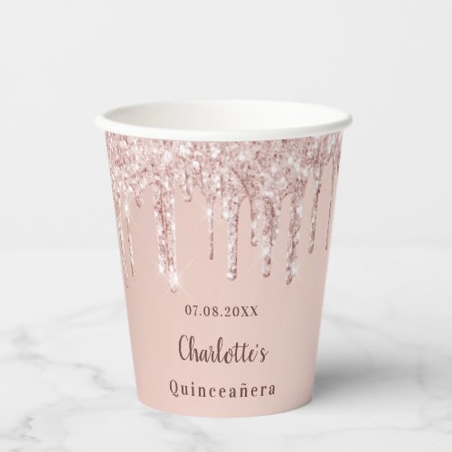 Quinceanera rose gold glitter drips party paper cups