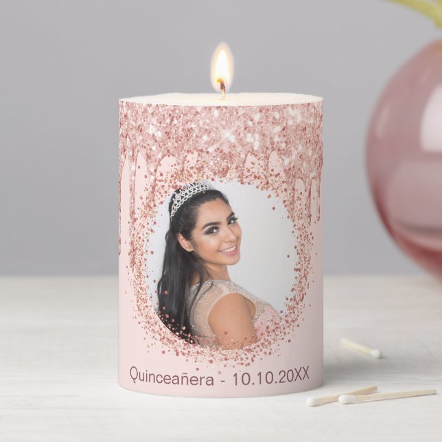 Quinceanera rose gold glitter drips photo pillar candle (In Situ)