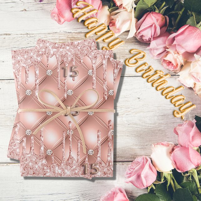 Quinceanera rose gold glitter drips pink luxury wrapping paper sheets (Creator Uploaded)