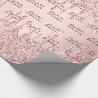 Quinceanera rose gold glitter drips pink monogram wrapping paper | Zazzle