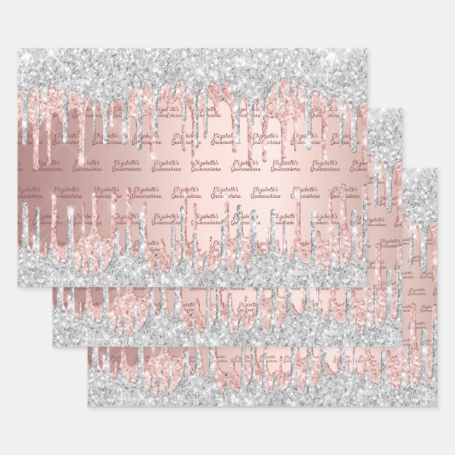 Quinceanera rose gold glitter drips pink silver wrapping paper sheets (Set)