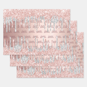 Quinceanera rose gold glitter drips pink silver wrapping paper sheets