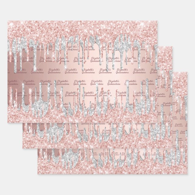 Quinceanera rose gold glitter drips pink silver wrapping paper sheets (Set)