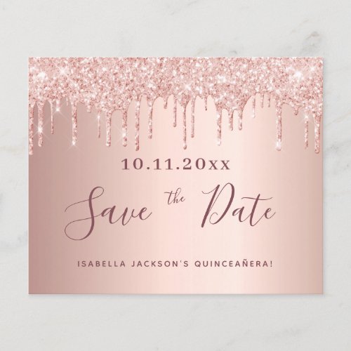Quinceanera rose gold glitter drips save the date