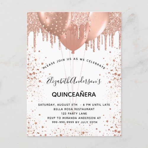 Quinceanera rose gold glitter drops balloons  invitation postcard