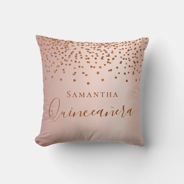 Quinceanera rose gold glitter drops name throw pillow (Front)