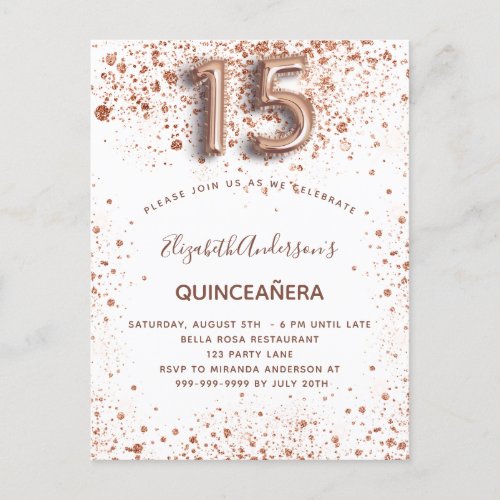 Quinceanera rose gold glitter drops white invitation postcard