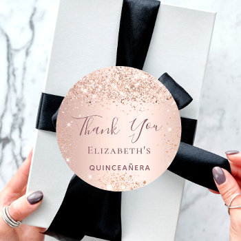 Quinceanera Rose Gold Glitter Dust Thank You Classic Round Sticker by Thunes at Zazzle