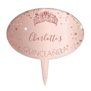 Quinceanera rose gold glitter dust tiara name cake topper