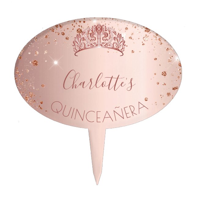 Quinceanera rose gold glitter dust tiara name cake topper (Front)