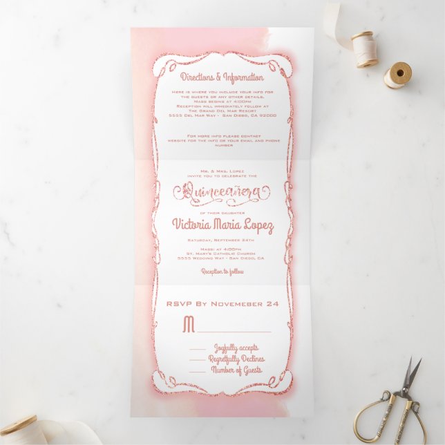 Quinceanera Rose Gold Glitter Mexican Fiesta Tri-Fold Invitation (Inside)