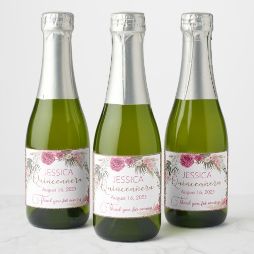 Quinceanera Rose Gold Glitter Mini Sparkling Wine  Sparkling Wine Label