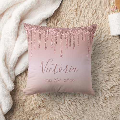 Quinceaera Rose Gold Glitter  Mis Quince Anos   Throw Pillow