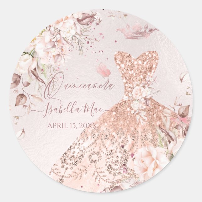 Quinceanera  Rose Gold Glitter Quince Dress Classic Round Sticker (Front)