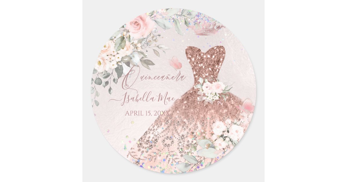 Quinceanera Rose Gold Glitter Quince Dress Classic Round Sticker Zazzle